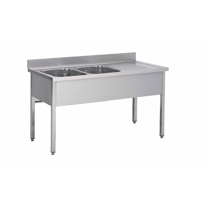 PLONGE INOX SOUDEE 2 BACS 400 X 400 X 250 MM EGOUTTOIR A DROITE