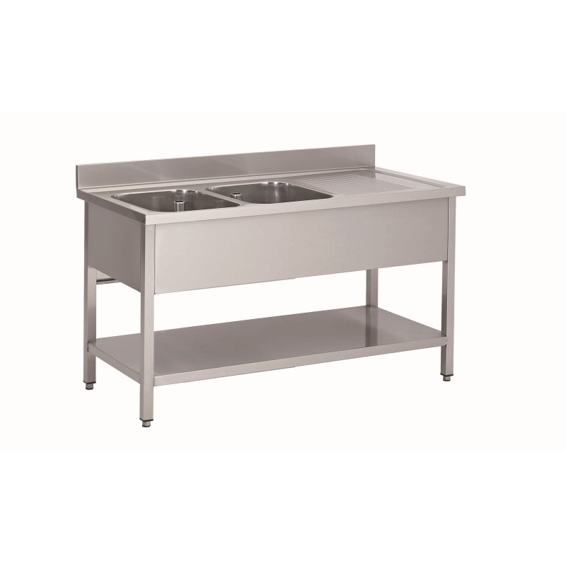 PLONGE INOX SOUDEE 2 BACS 400 X 500 X 250 MM EGOUTTOIR A DROITE AVEC ETAGERE BASSE