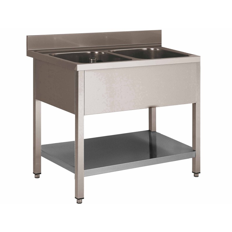 PLONGE INOX SOUDEE 2 BACS 600 X 500 X 300 MM SANS EGOUTTOIR AVEC ETAGERE BASSE