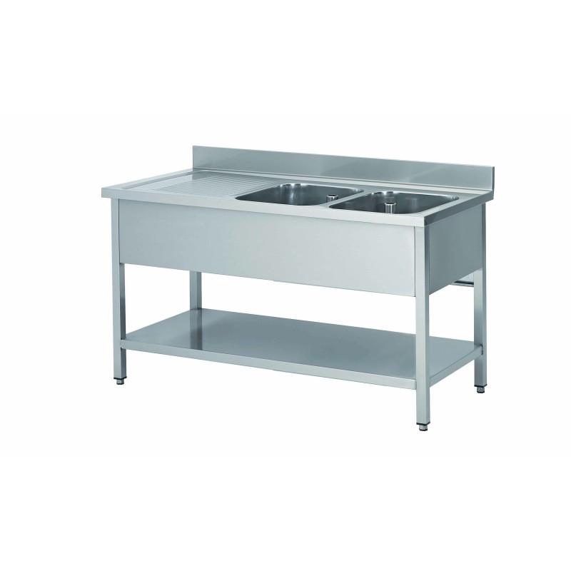 PLONGE INOX SOUDEE 2 BACS 400 X 400 X 250 MM EGOUTTOIR A GAUCHE AVEC ETAGERE BASSE