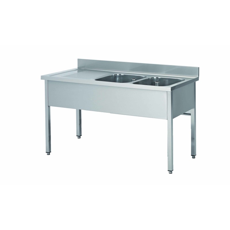 PLONGE INOX 304 DEMONTABLE 2 BACS 600 X 500 X 300 MM PIEDS CARRES EGOUTTOIR A GAUCHE