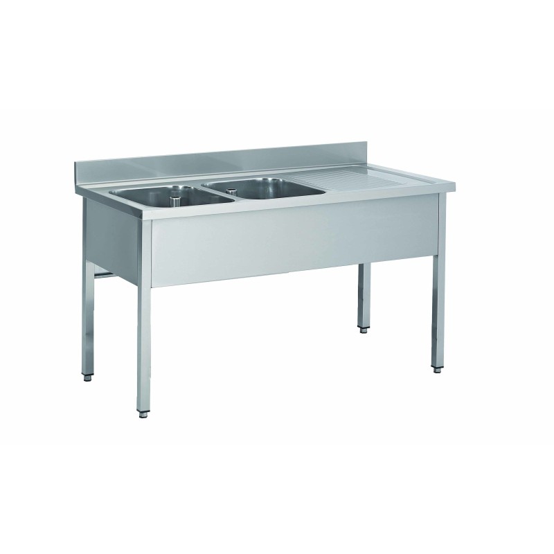 PLONGE INOX 304 DEMONTABLE 2 BACS 400 X 500 X 250 MM PIEDS CARRES EGOUTTOIR A DROITE