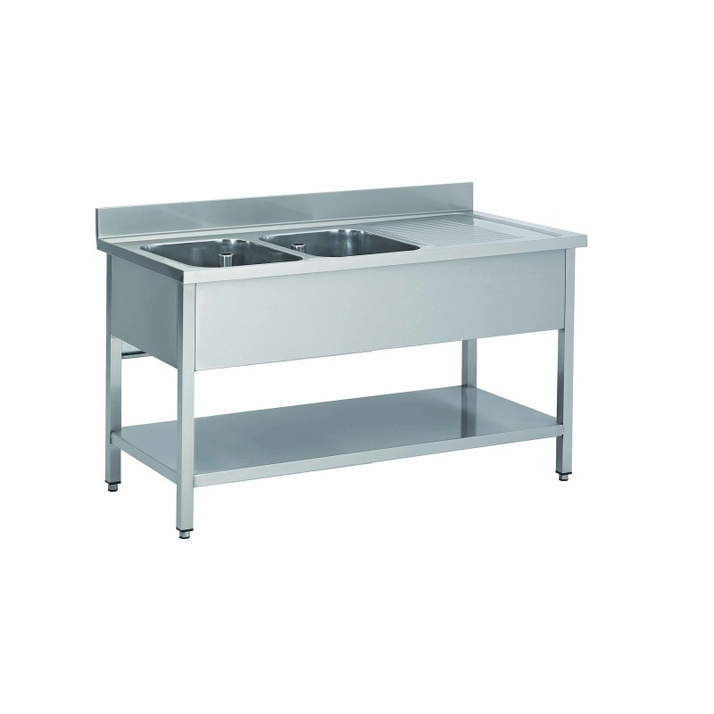 PLONGE INOX 304 DEMONTABLE 2 BACS 400 X 400 X 250 MM PIEDS CARRES EGOUTTOIR A DROITE ETAGERE BASSE
