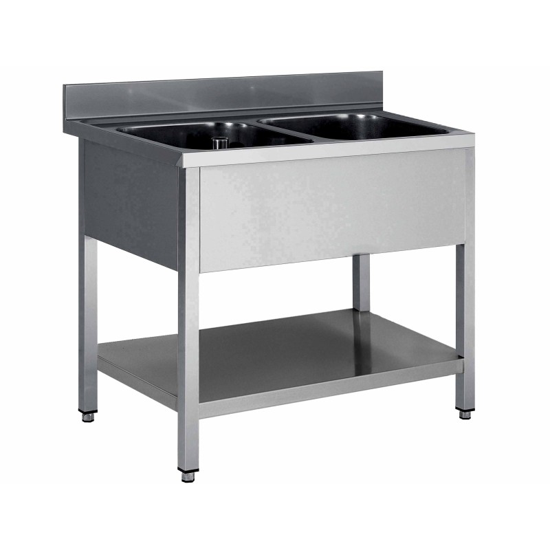 PLONGE INOX 304 DEMONTABLE 2 BACS 600 X 500 X 300 MM PIEDS CARRES SANS EGOUTTOIR ETAGERE BASSE