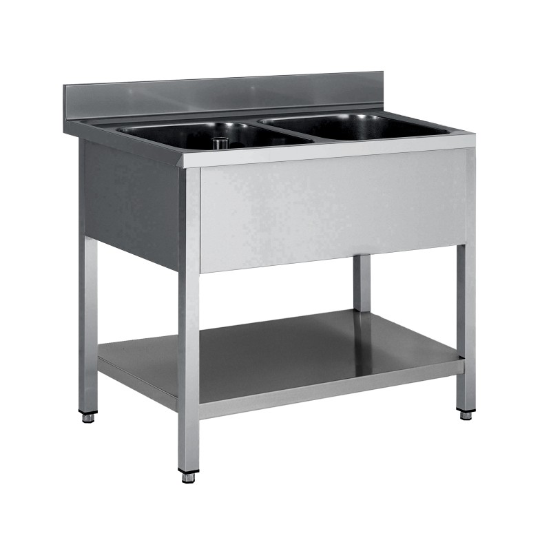 PLONGE INOX 304 DEMONTABLE 2 BACS 500 X 500 X 300 MM PIEDS CARRES SANS EGOUTTOIR ETAGERE BASSE