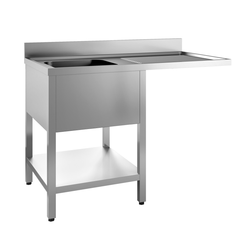 PLONGE INOX 304 SOUDEE ENCASTREMENT LV BAC GAUCHE 1 BAC 400 X 500 X 250 EGOUTTOIR A DROITE AVEC ETAGERE