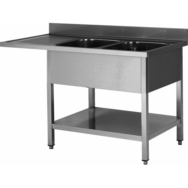 PLONGE INOX SOUDEE ENCASTREMENT LV BAC DROITE 2 BACS 400 X 500 X 250 EGOUTTOIR A GAUCHE AVEC ETAGERE