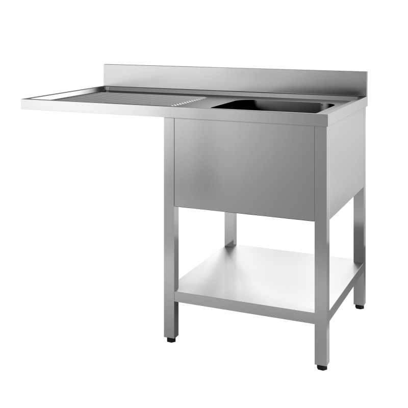 PLONGE INOX SOUDEE ENCASTREMENT LV BAC DROITE 1 BAC 600 X 500 X 300 EGOUTTOIR A GAUCHE AVEC ETAGERE