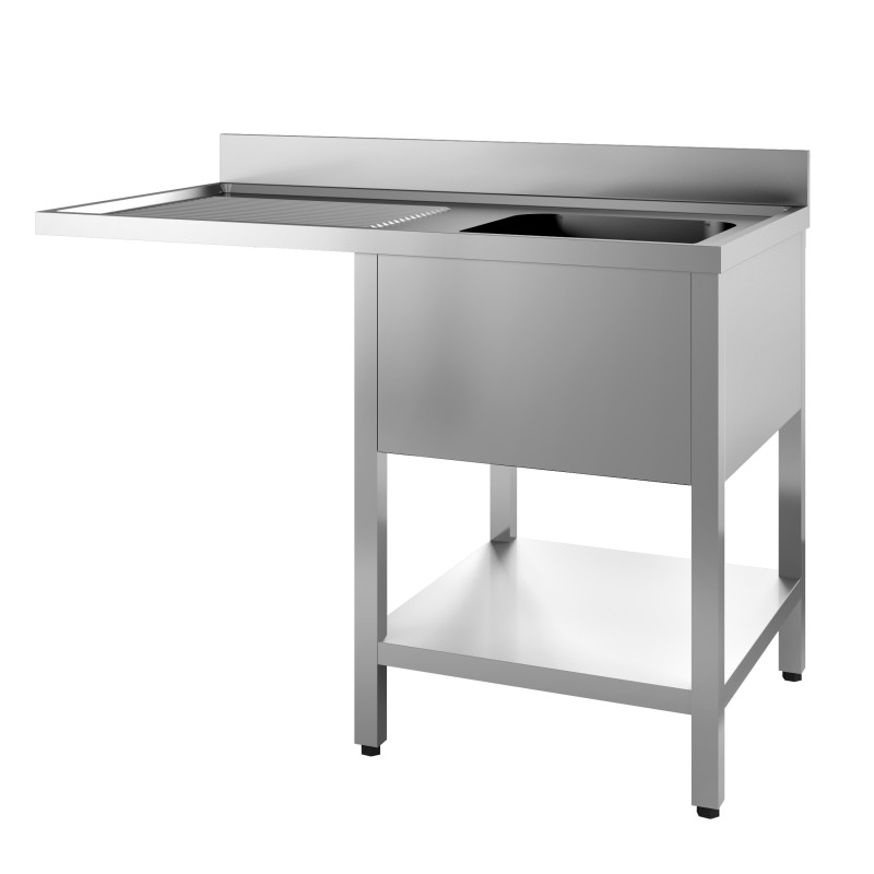 PLONGE INOX SOUDEE ENCASTREMENT LV BAC DROITE 1 BAC 400 X 500 X 250 EGOUTTOIR A GAUCHE AVEC ETAGERE