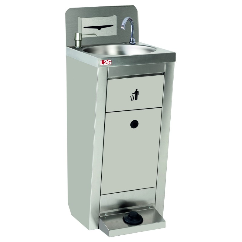 LAVE-MAINS AUTONOME INOX 304 COMMANDE PAR PEDALE DOSEUR SAVON + BOITE A PAPIER + 2 JERRICANS 10L