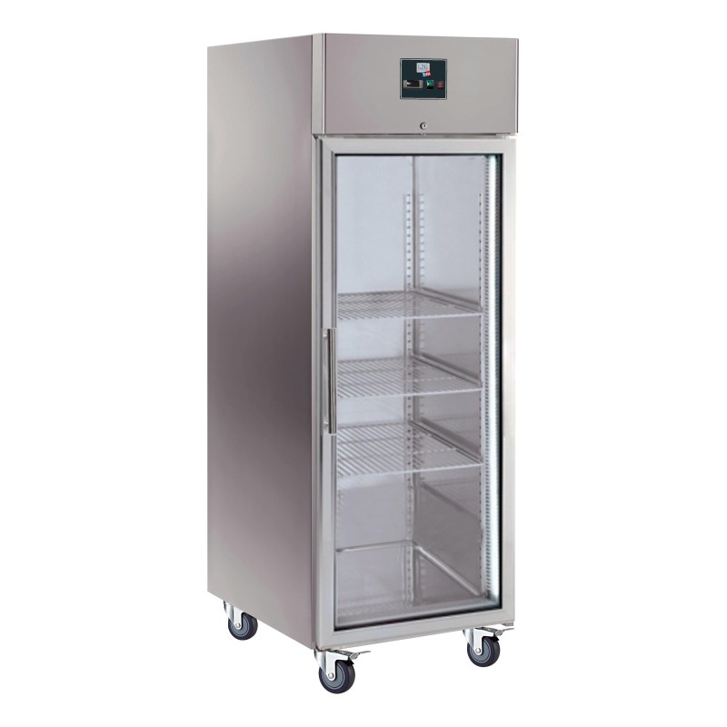 ARMOIRE REFRIGEREE INOX, 1 PORTE VITREE 650 LITRES -2/+8°C, FROID VENTILE, 3 GRILLES GN2/1,