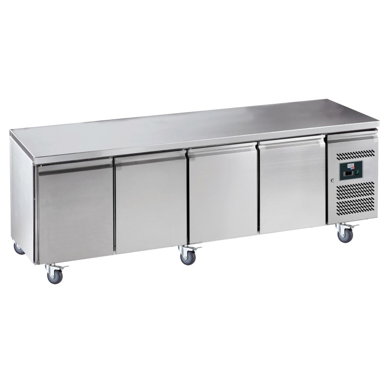 DESSERTE REFRIGEREE INOX, -2/+8°C,  4 PORTES 430 X 333 MM, SUR ROULETTES Ø 100 MM, L 2230 P 600 H 850