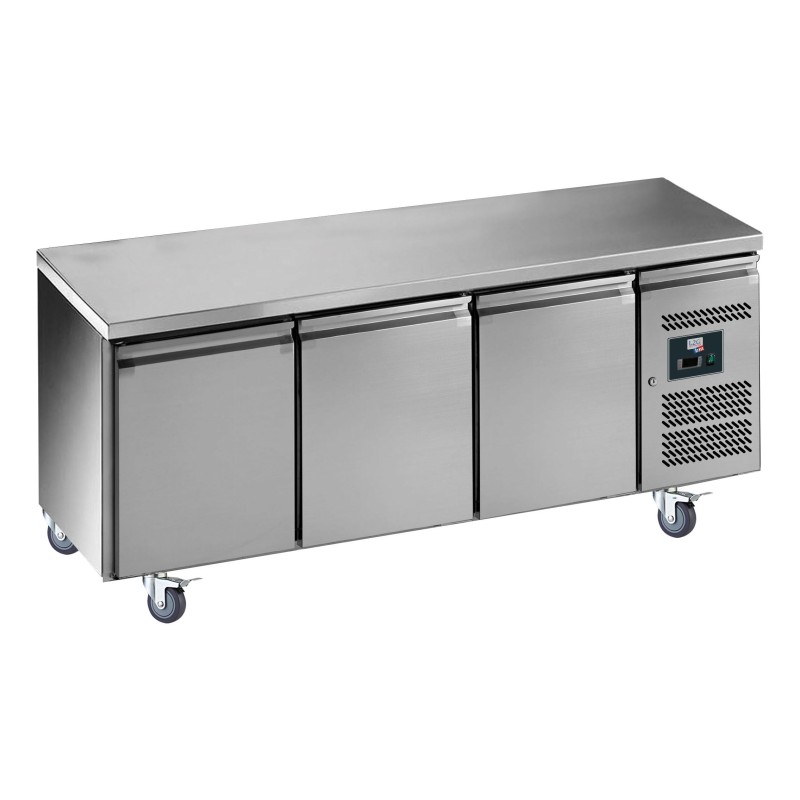 DESSERTE REFRIGEREE INOX CENTRALE -2/+8°C DESSUS INOX, 3 P. 600 X 400 MM, SUR ROULETTES Ø 100 MM, L 2020 P 800 H 850