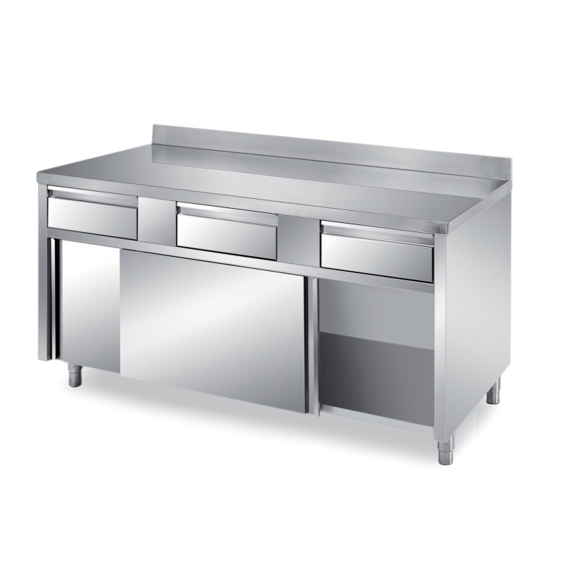 MEUBLE BAS INOX 304 CENTRAL, 2 PORTES COULISSANTES ET 3 TIROIRS SUR GLISSIERES, L 1 600 mm P 700 mm H 850 mm