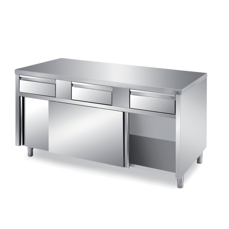 MEUBLE BAS INOX CENTRAL, 2 PORTES COULISSANTES DOUBLEES ET 3 TIROIRS SUR GLISSIERES, L 1 400 mm P 700 mm H 850 mm