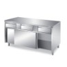 MEUBLE BAS INOX CENTRAL, 2 PORTES COULISSANTES DOUBLEES ET 2 TIROIRS SUR GLISSIERES, L 1 000 mm P 700 mm H 850 mm